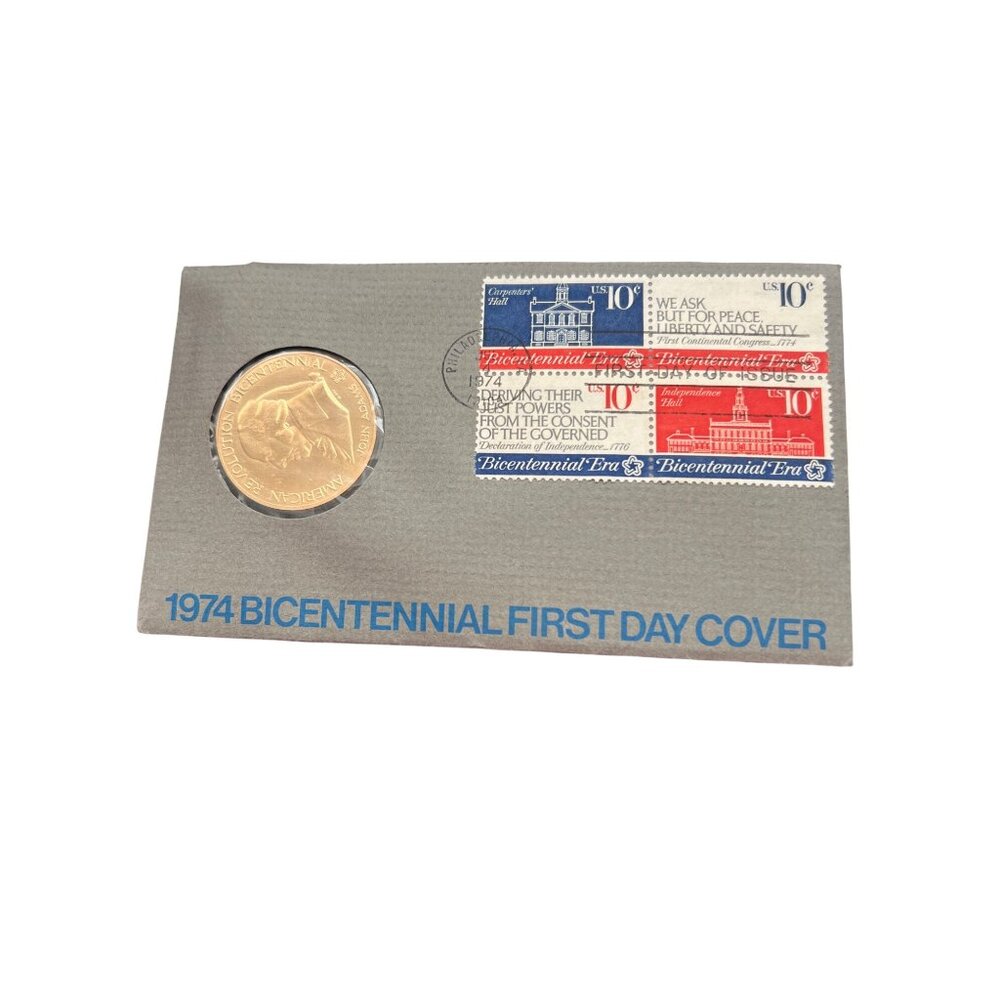 1974 American Revolution Bicentennial Commemorative Medal Coin Stamp First Day